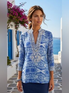 Boston Proper Blue Tunic Embellished Boho Luxe Beaded Top Resort Chic XS